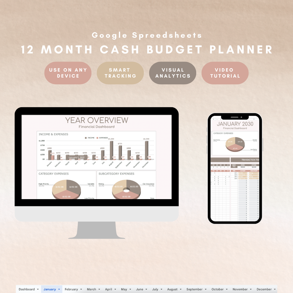 12 Month Cash Budget Planner Google Sheets. Use on any device, smart tracking, visual analytics, and video tutorial included