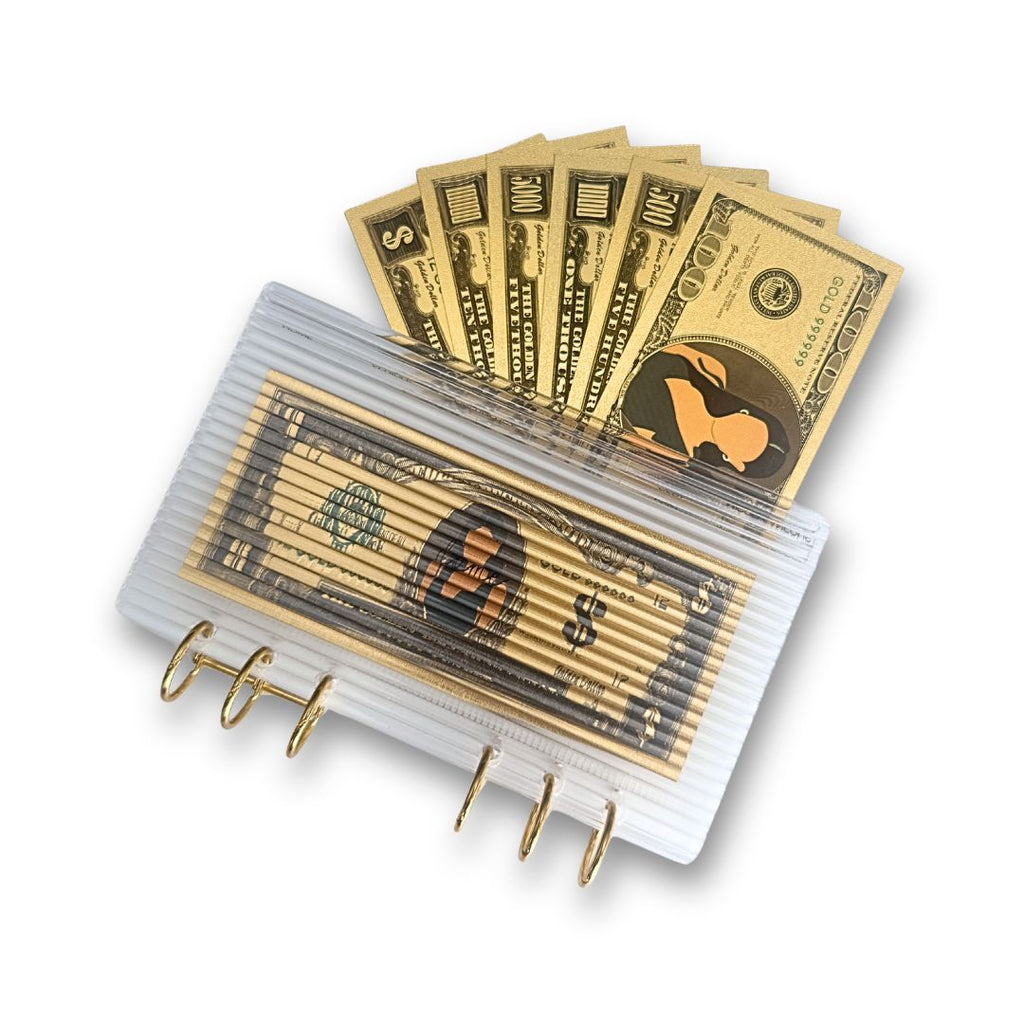A6 Fluted Binder with Gold Rings with golden dollar bills inside