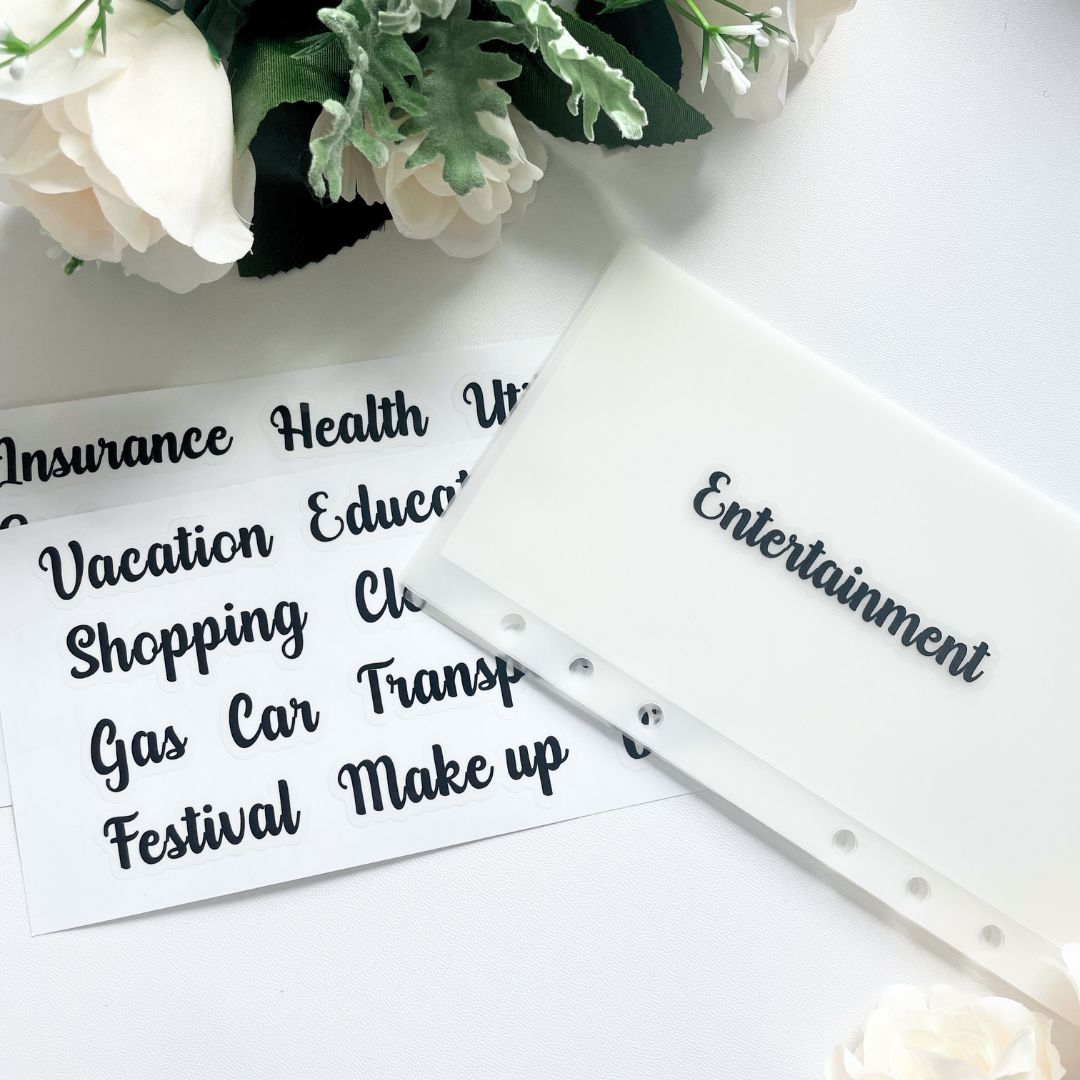 Clear Cursive Label Stickers. Example shown with label on matte vellum envelopes