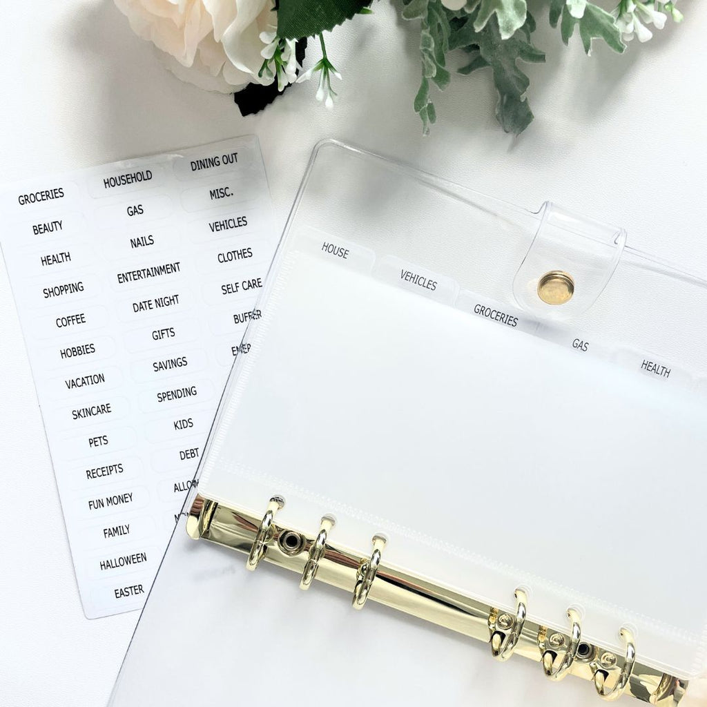 Clear Tab Label Stickers Shown in Gold Ring Binder