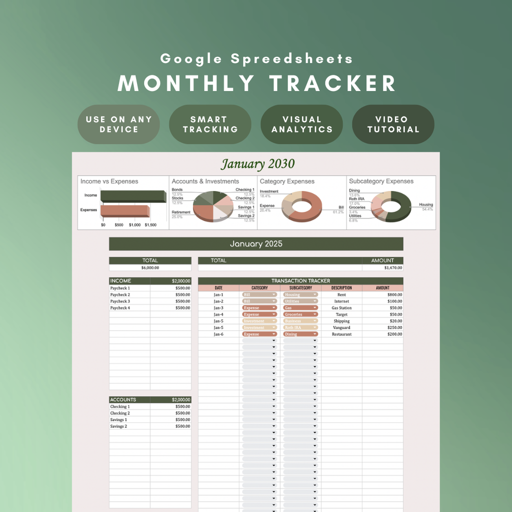 Monthly Tracker Google Sheet. Use on any device, smart tracking, visual analytics, and video tutorial included