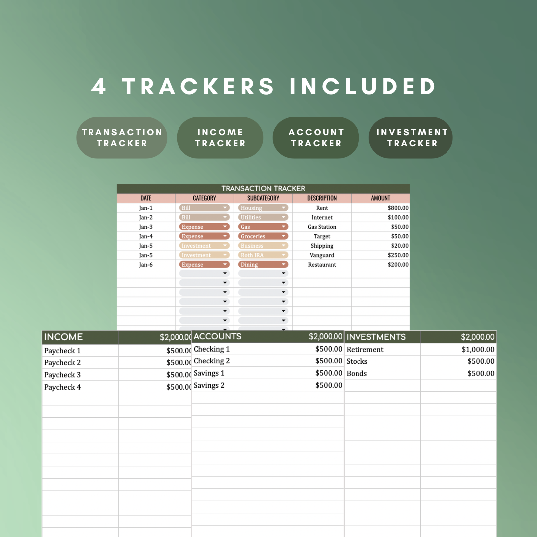 Monthly Tracker Google Sheet 4 Trackers Included: Transaction Tracker, Income Tracker, Account Tracker, and Investment Tracker